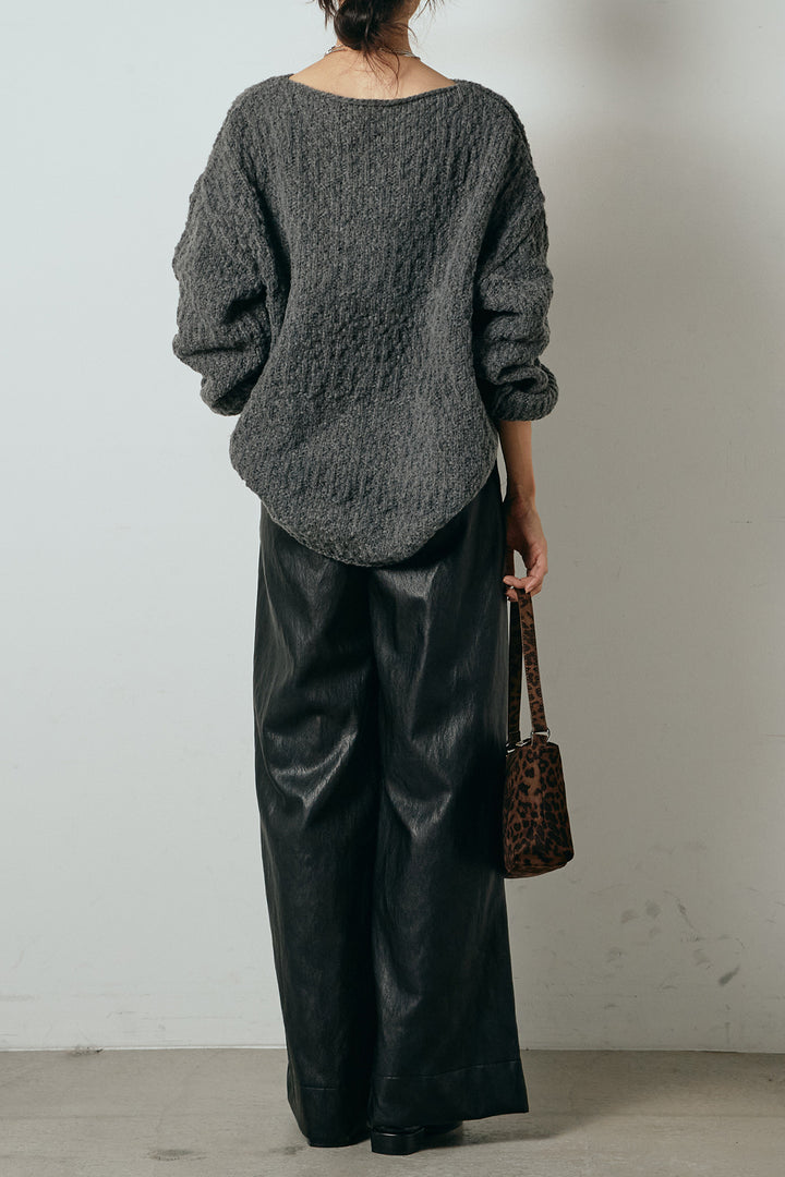[SET]ボリューム編みニットプルオーバー+ベルト付きレザーライクタックパンツ(2set)