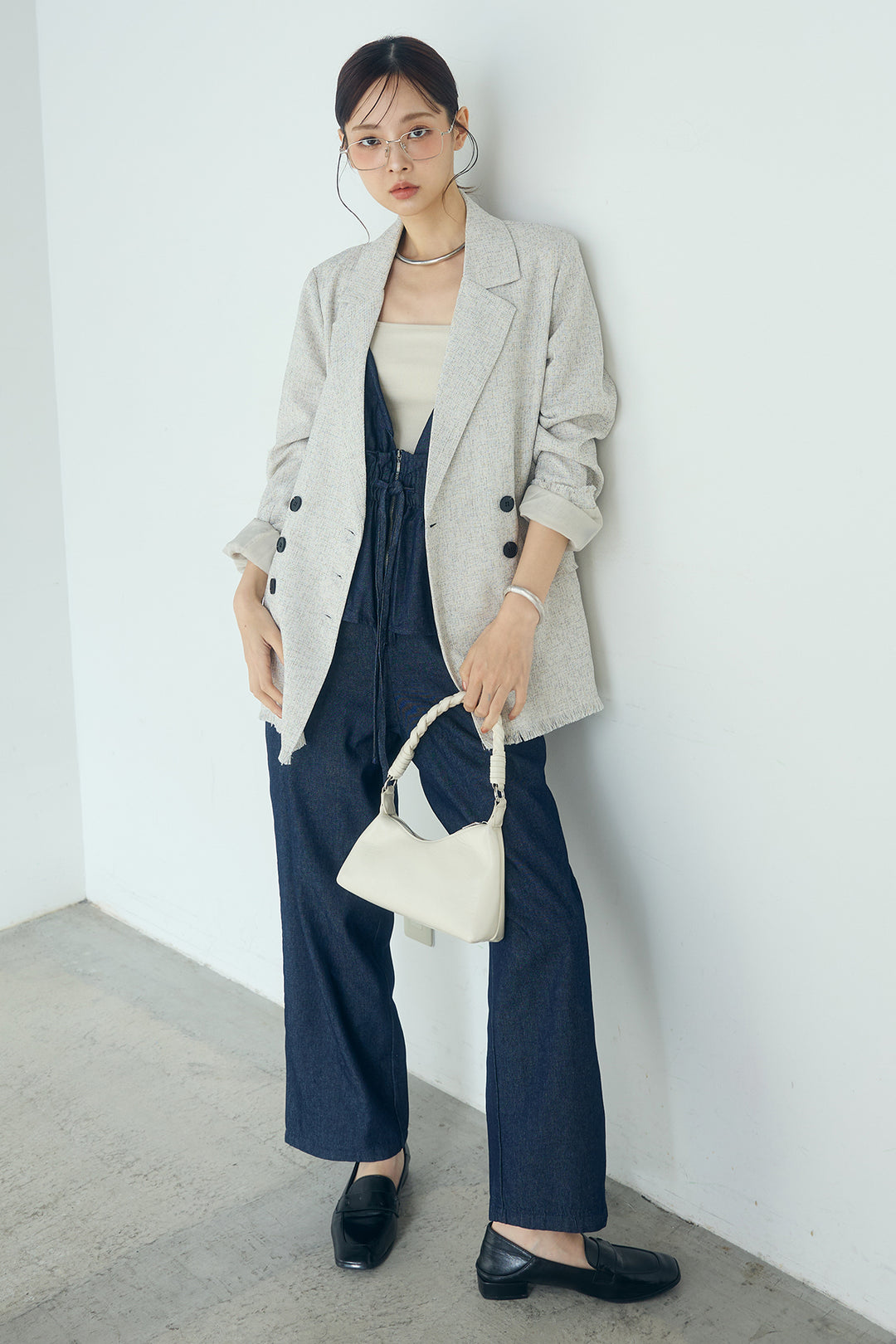 [SET]スラブネップツイードフリンジテーラードジャケット+デニムペプラムコンビネゾン(2set)