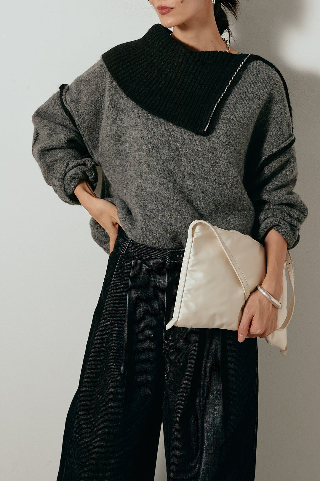 [SET]ハイネックジップデザインニットトップス+フロントタック入りコーデュロイパンツ(2set)