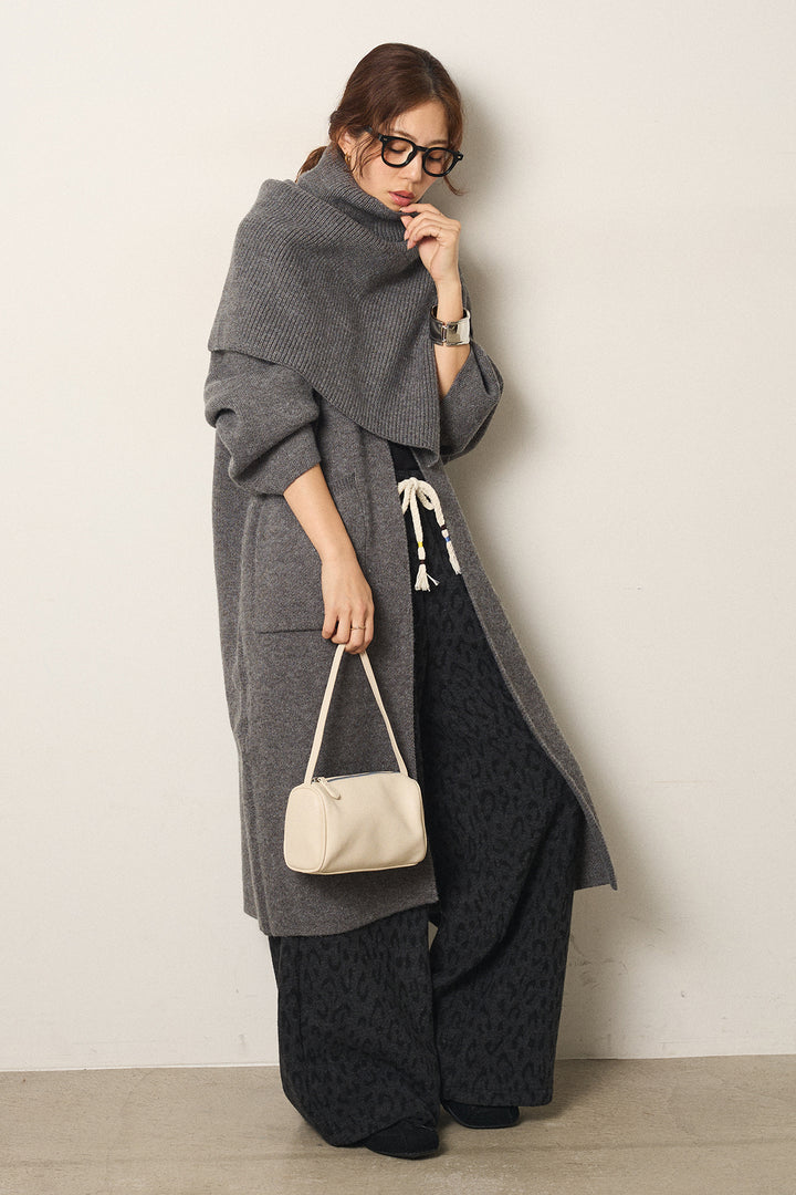 [SET]ケープレイヤードロングカーディガン+レオパードジャガードニットパンツ(2set)