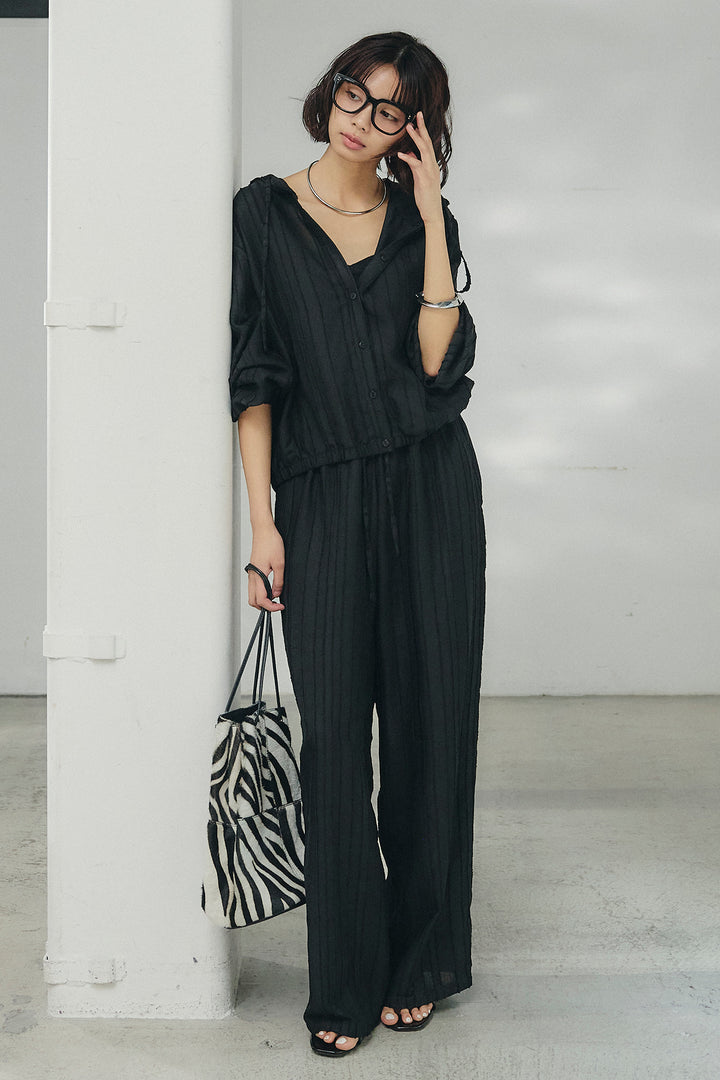 [SET]ストライプジャガードフードシャツ+ストライプジャガードロングイージーパンツ(2set)