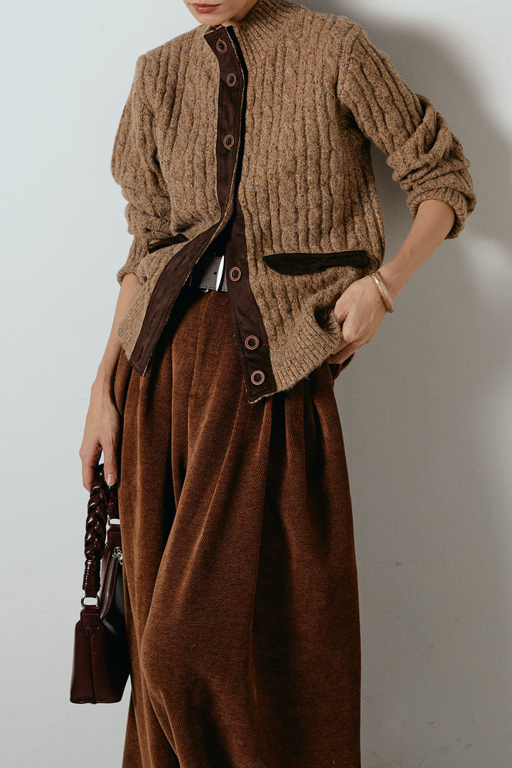 [SET]ボトルネックケーブルニットカーディガン+ベルトループコーデュロイワイドパンツ(2set)