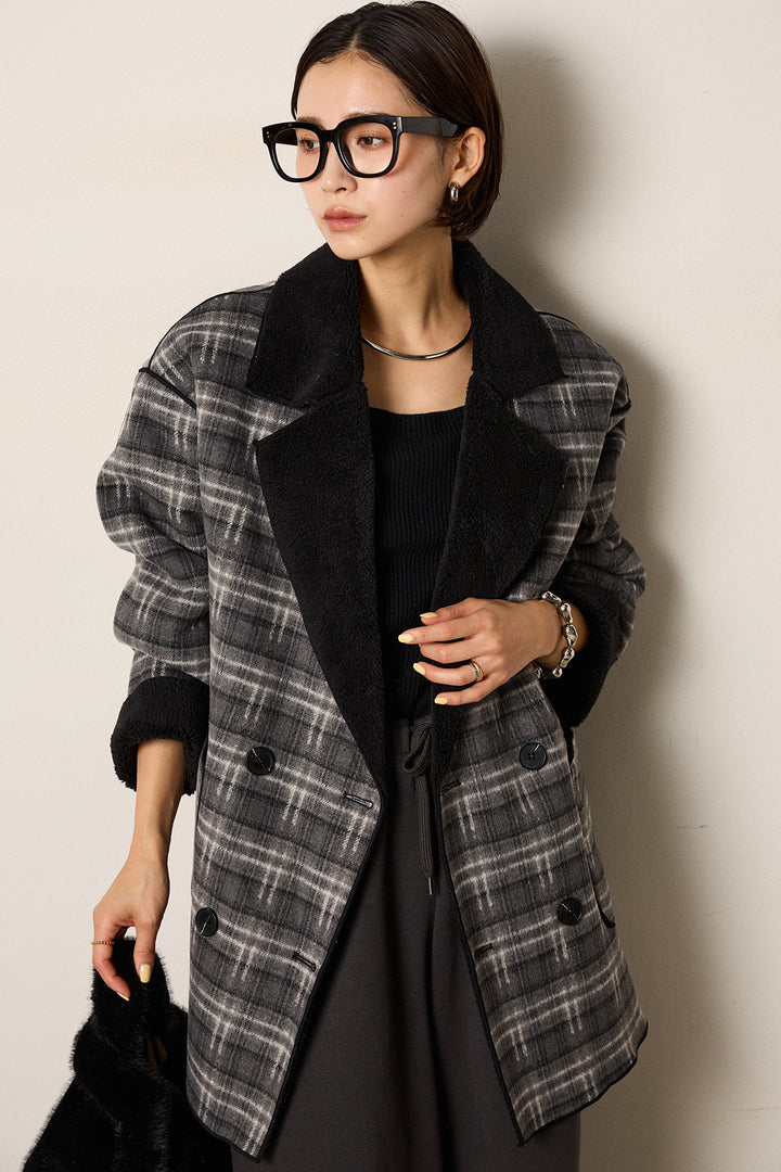 [SET]裏地ボアタータンチェック柄ミディアムコート+裏起毛スウェットワイドパンツ(2set)