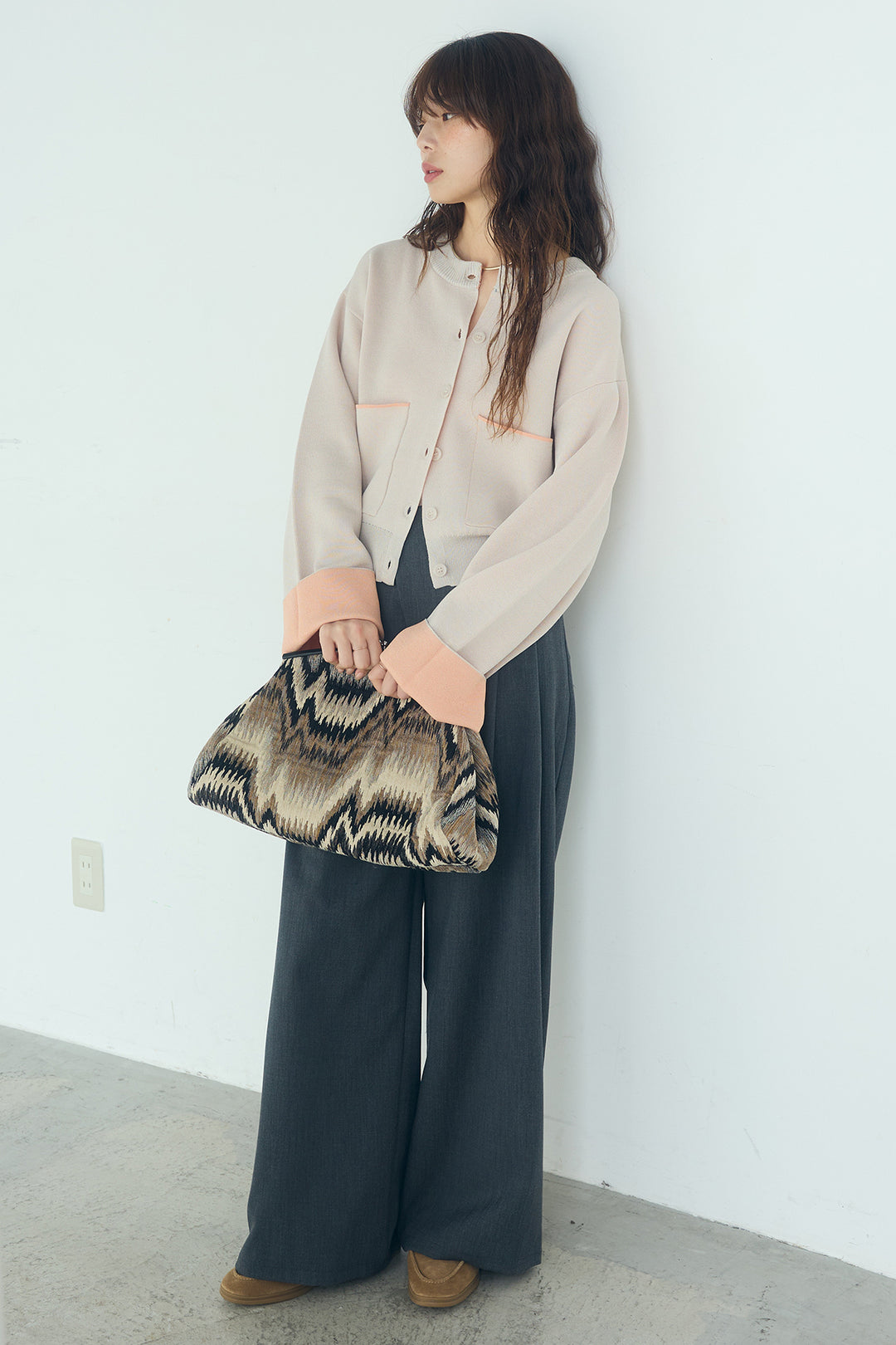 [SET]レーヨンポリダブルフェイスカーディガン+サイドベルトタック入りスラックス(2set)