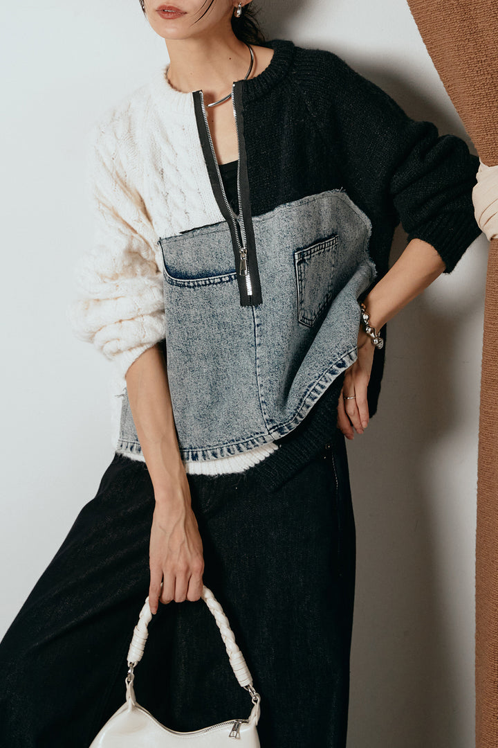 [SET]ハーフジップニットデニムドッキングトップス+ウエストダブルボタンワイドデニムパンツ(2set)