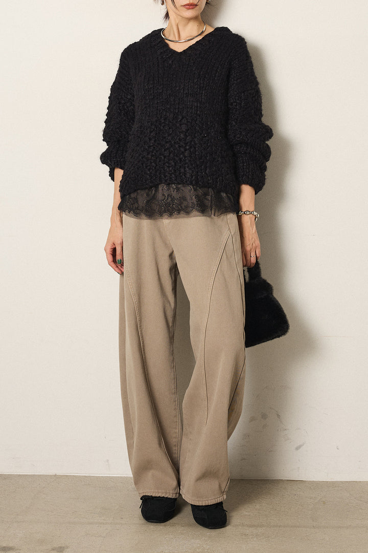 [SET]Vネックハンド編みニットトップス+ベルト付きカジュアルカーブワイドパンツ+レース切り替えキャミソール(3set)