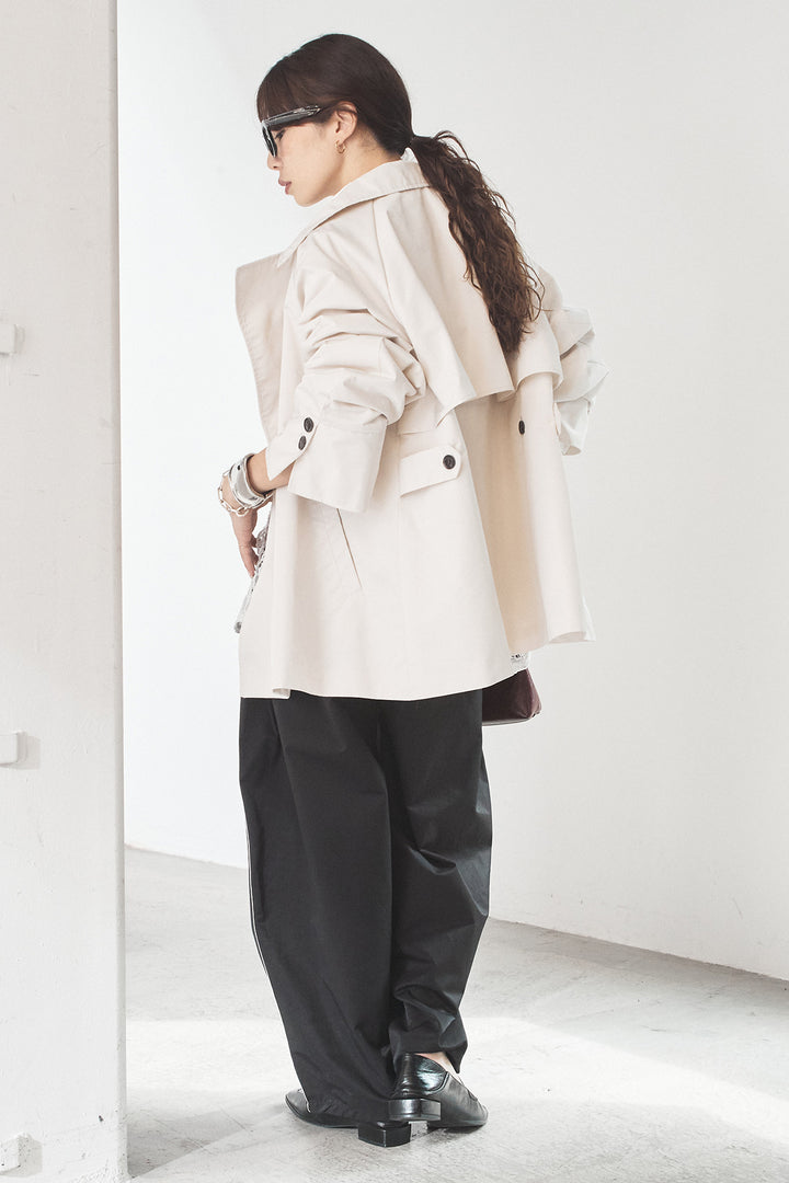 [SET]ナイロントレンチコート+合繊ツイルパイピングタックカーブパンツ+刺繍レースオーバーサイズシャツ(3set)