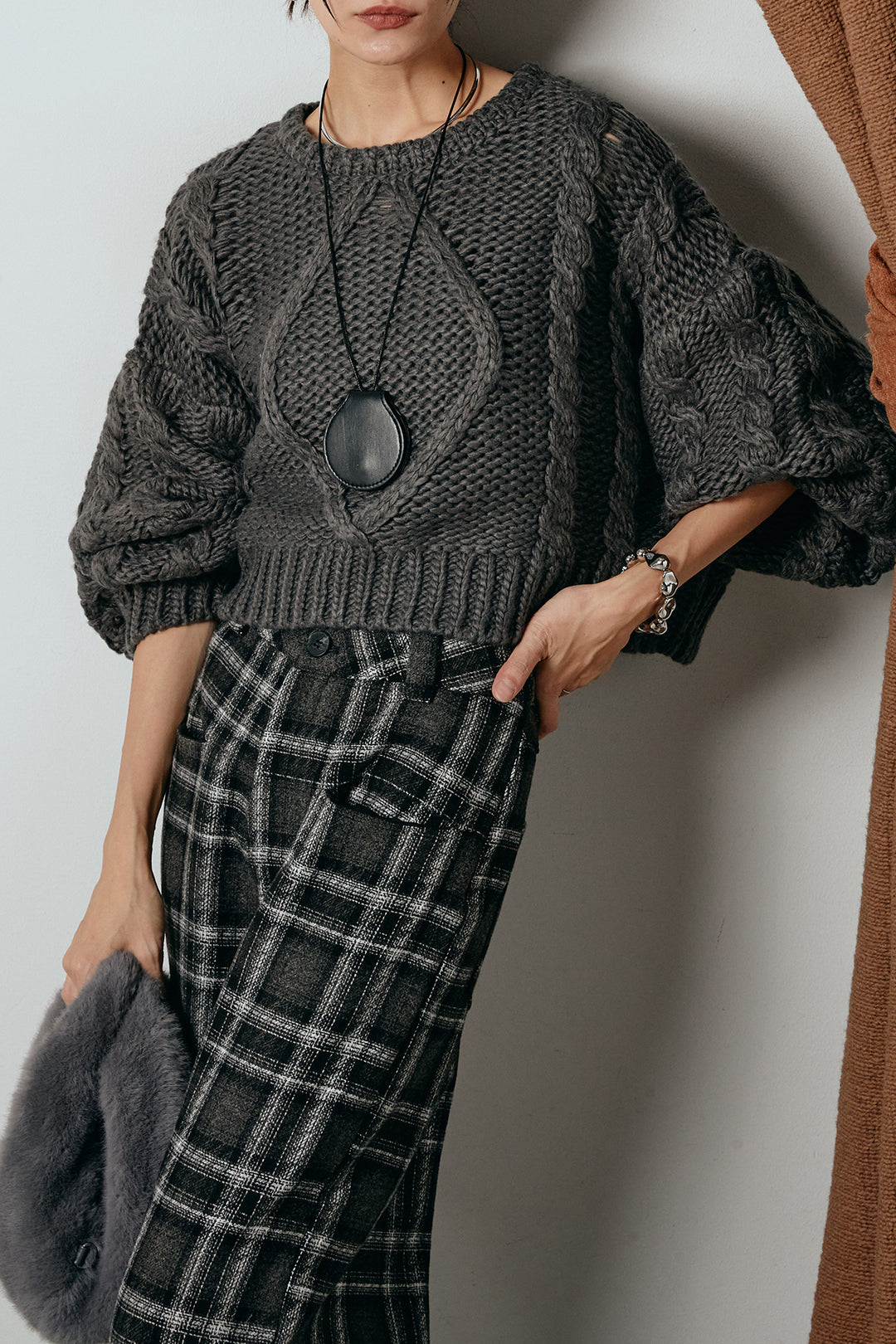 [SET]ロービングケーブルショート丈プルオーバー+ルーズタータンチェックワイドパンツ(2set)