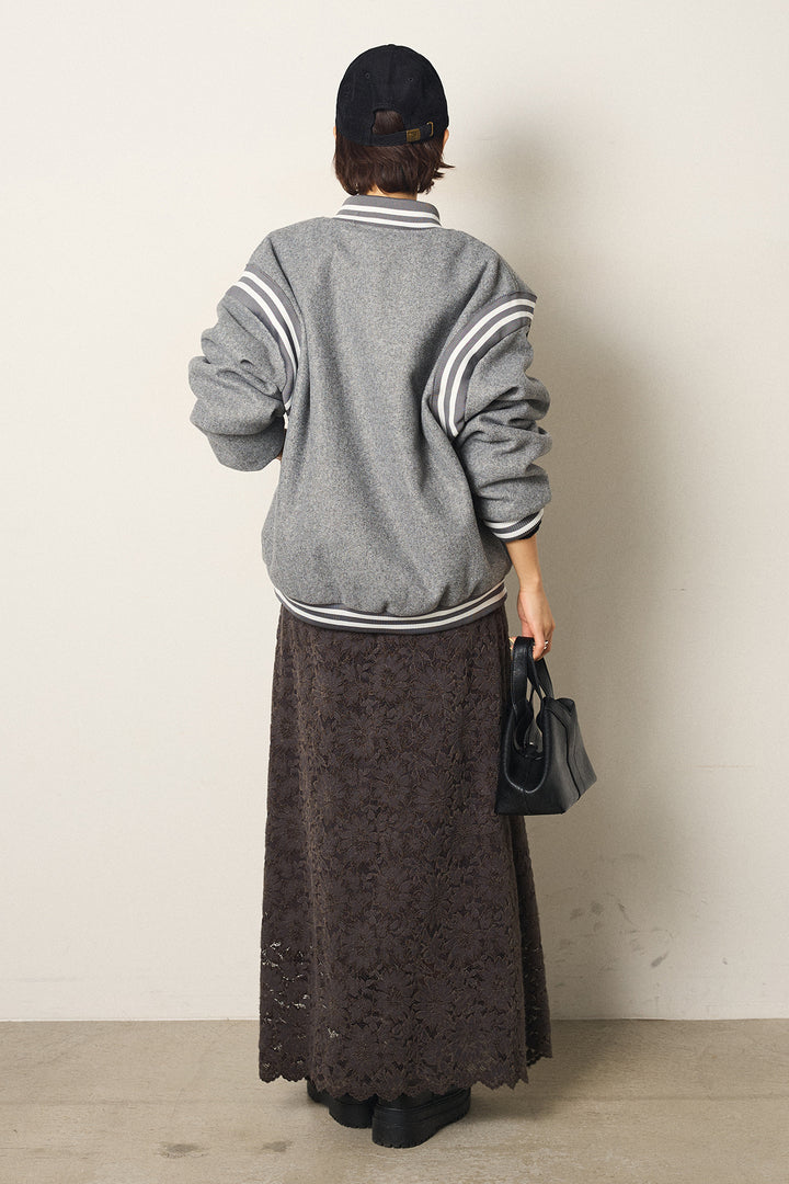[SET]ワンポイントデザインブルゾン+花柄刺繍ベロアフレアスカート(2set)