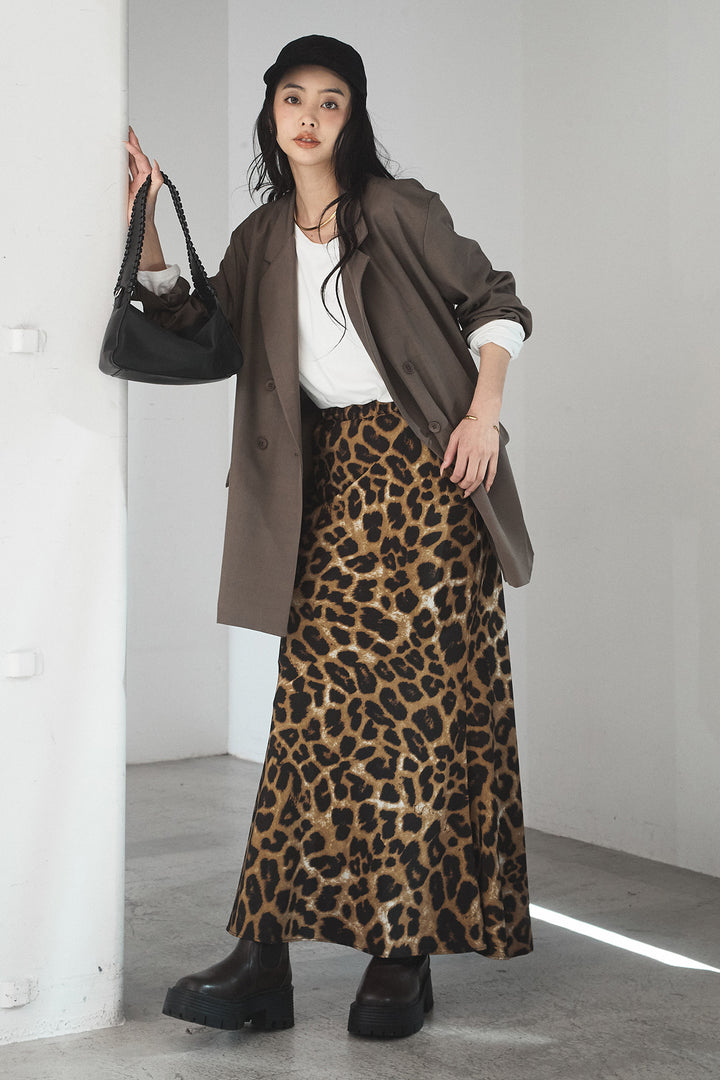 [SET]ルーズシルエットダブルテーラードジャケット+ストレッチロングTシャツ+レオパードサテンナロースカート(3set)