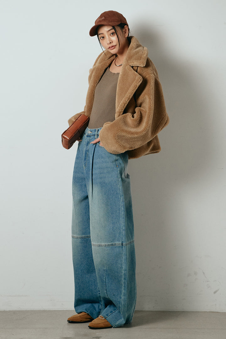 【2月中旬発送】
[SET]テディボアショートジャケット+加工デニムタックコクーンワイドパンツ(2set)