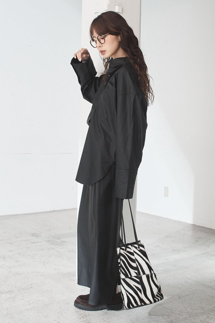 [SET]ウォッシャブルエコレザービックカフスシャツ+ウォッシャブルエコレザーナロースカート(2set)