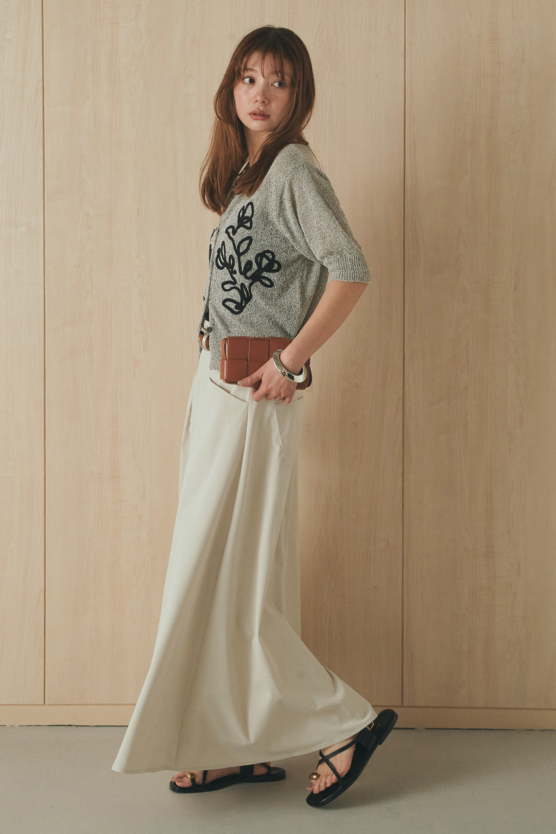 [SET]フロントテープデザイン半袖カーディガン+ミリタリーツイルタックフレアスカート(2set)