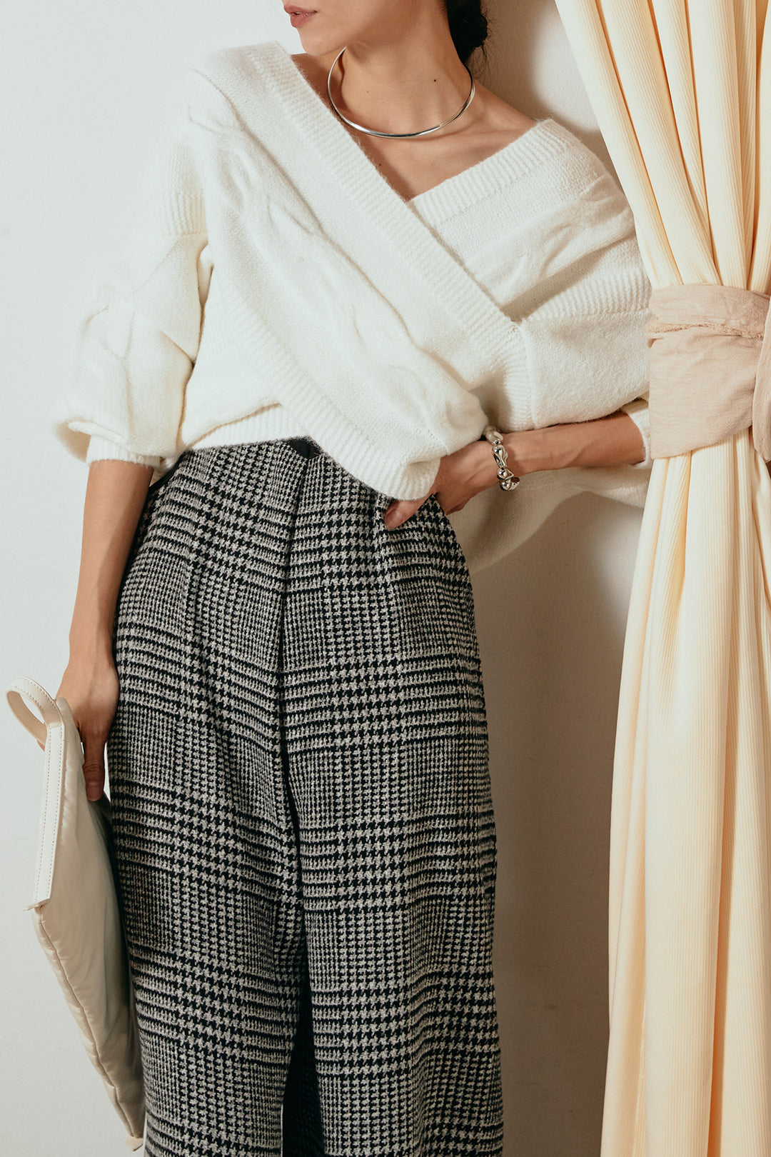 [SET]ケーブルカシュクールニットトップス+前後2wayグレンチェック柄スカーチョサロペット(2set)