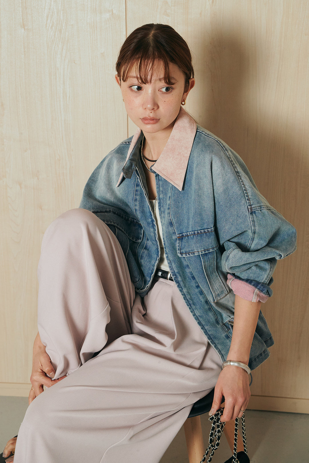 [SET]襟付き配色デニムブルゾン+ビックベルトループタックベルト付きワイドパンツ(2set)