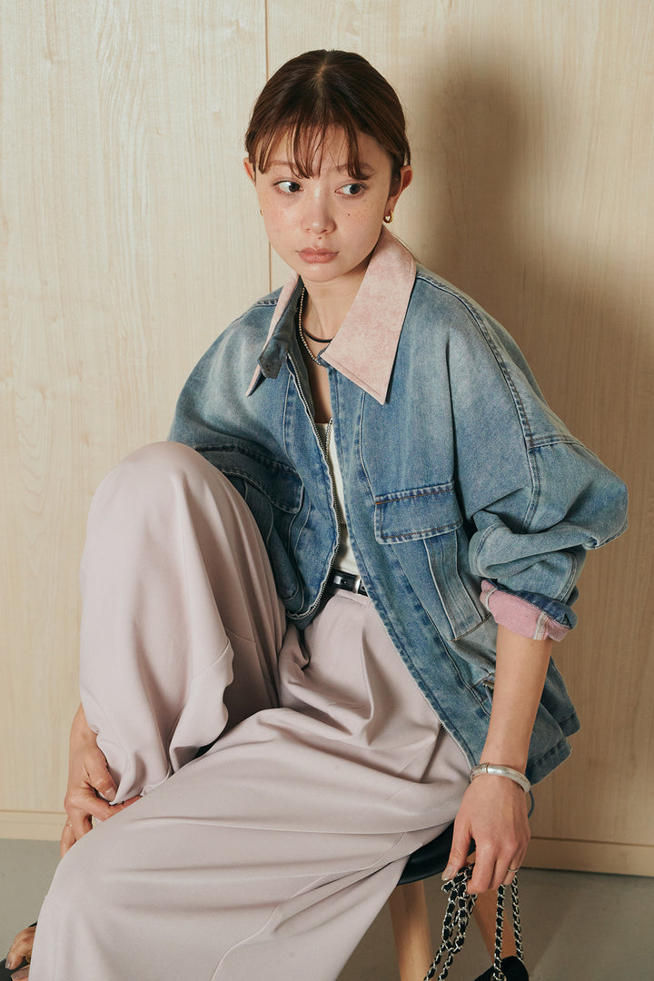 [SET]襟付き配色デニムブルゾン+ビックベルトループタックベルト付きワイドパンツ(2set)