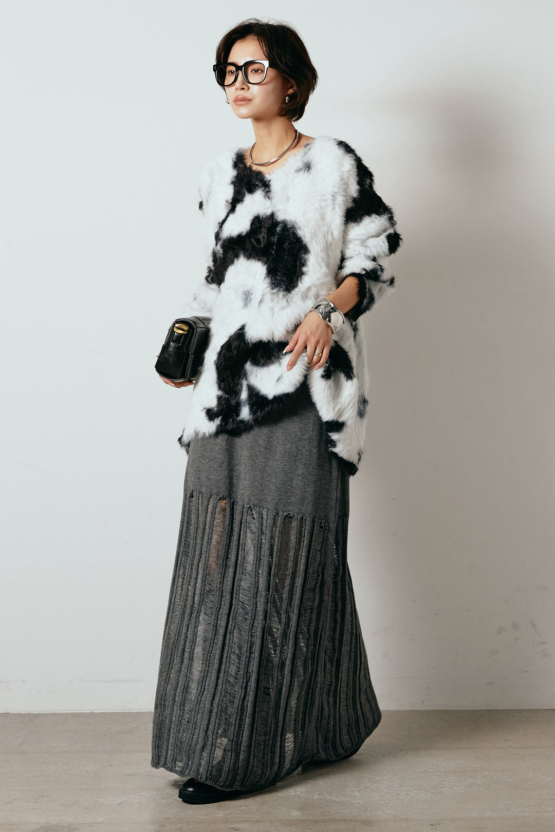 [SET]タイダイ柄シャギーニットトップス+裾シアーリブスカート(2set)