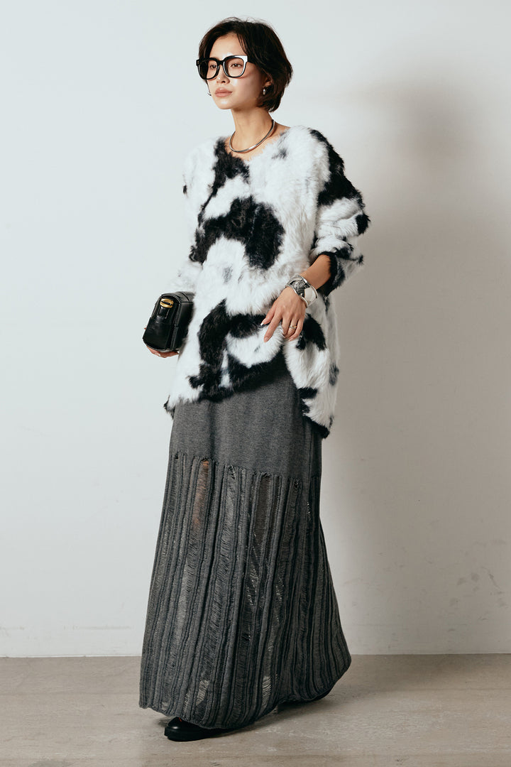 [SET]タイダイ柄シャギーニットトップス+裾シアーリブスカート(2set)