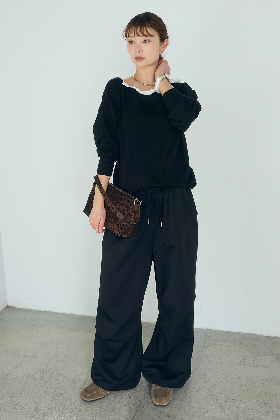 [SET]クールクール異素材コンビオフショルプルオーバー+ランダムタックデザインワイドパンツ(2set)