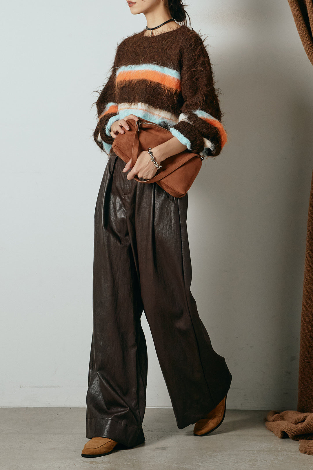 [SET]起毛配色マルチボーダーニットトップス+ベルト付きレザーライクタックパンツ(2set)