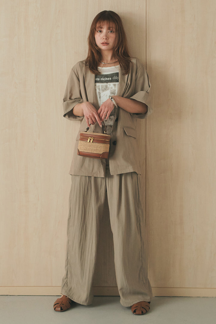 [SET]リネンライクテーラードハーフスリーブジャケット+リネンライク2タックワイドパンツ(2set)