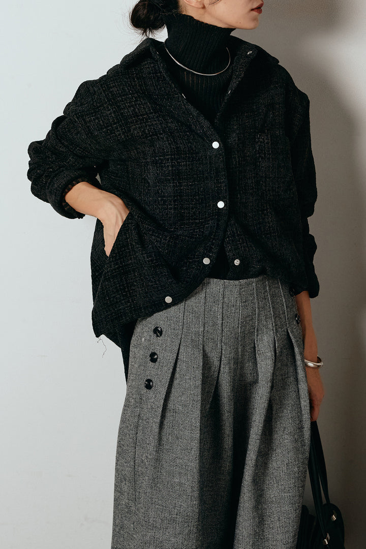 [SET]ルーズクラッシュツイルシャツ+リブニットシームレスタートルプルオーバー+サイドボタンツイードタックパンツ(3set)