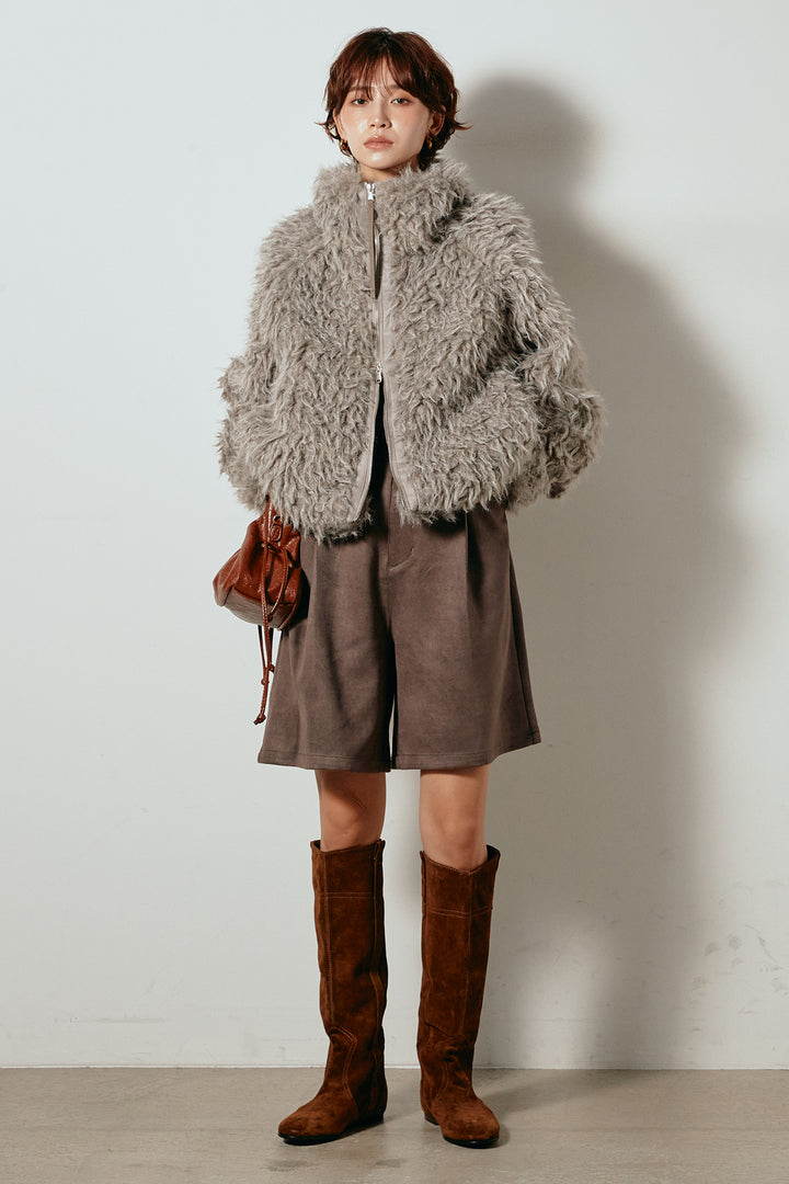 [SET]ミックスシープファースタンドブルゾン+フェイクスウェードハーフパンツ(2set)