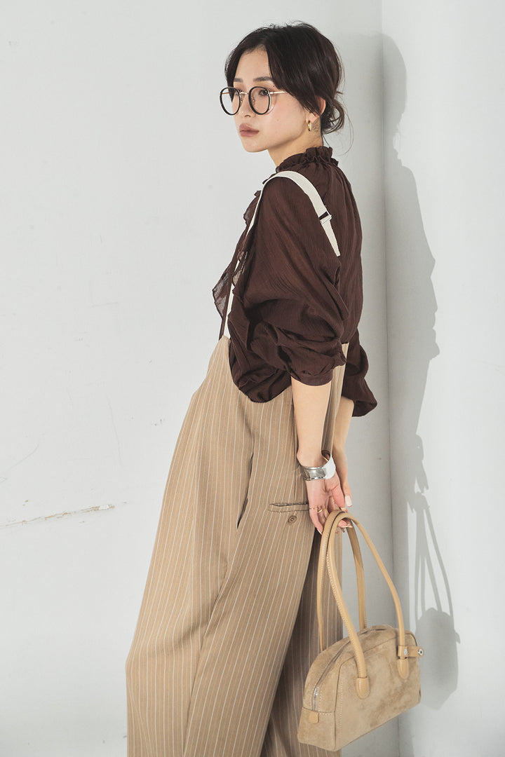 [SET]フロントリボンフリルブラウス+ピンストライプツータックサロペット(2set)