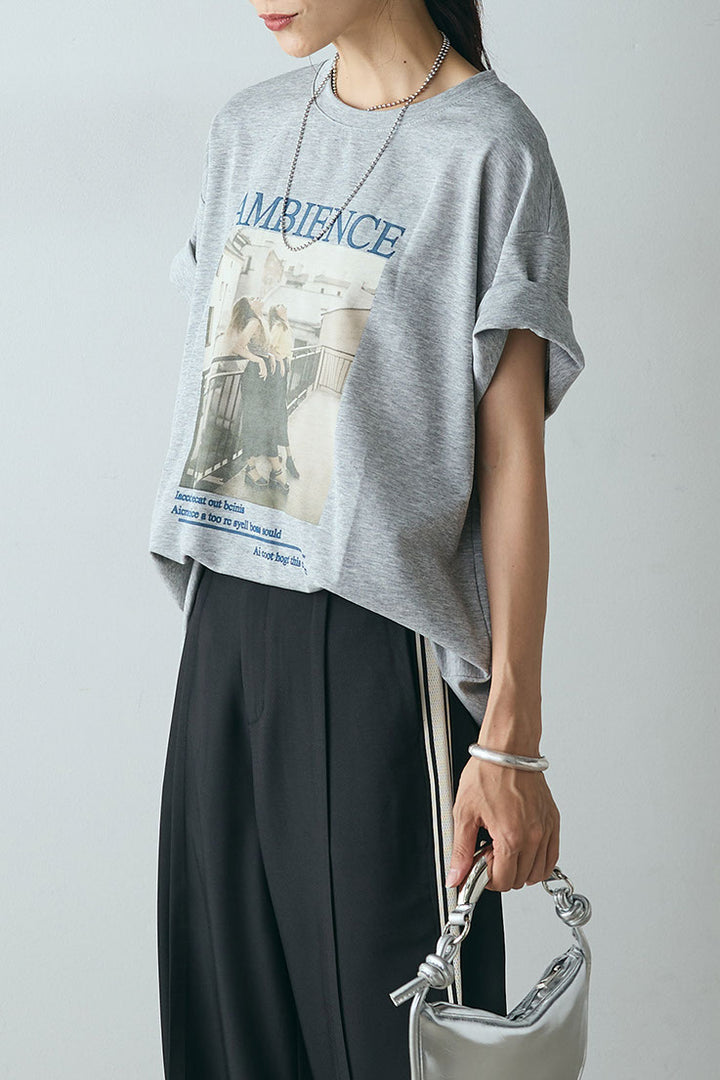 [SET]AMBIENCEフォトプリントTシャツ+サイドラインワイドスラックスパンツ(2set)