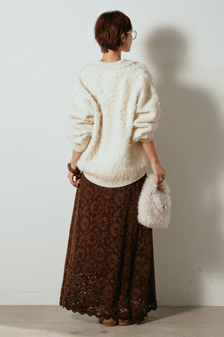 [SET]襟付きシャギーニットポロトップス+花柄刺繍ベロアフレアスカート(2set)