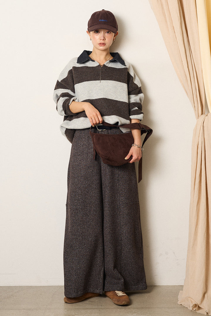 [SET]デニムカラーボーダールーズニット+太ベルト付きツイードワイドパンツ(2set)