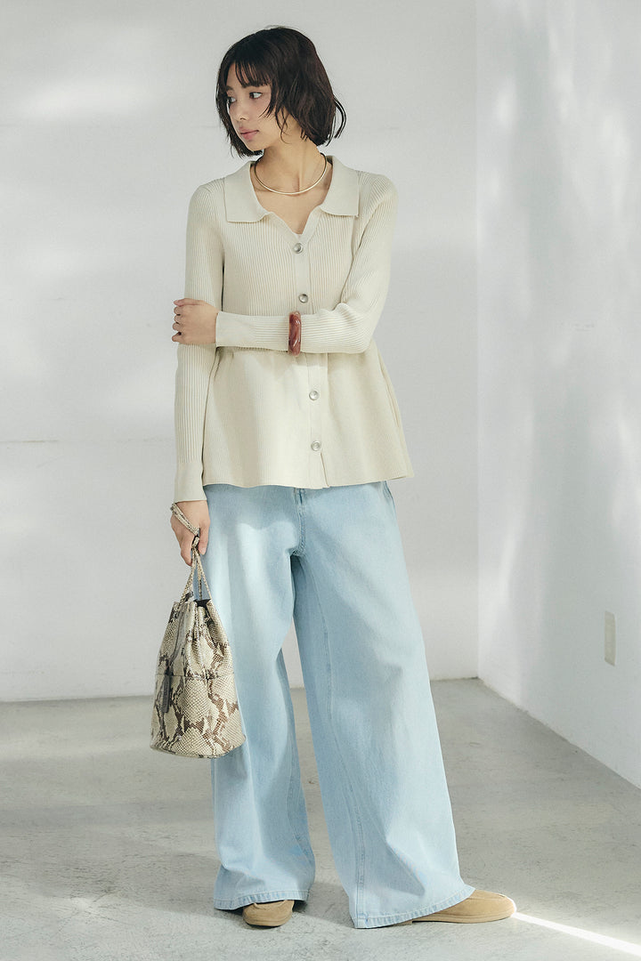 [SET]スキッパーペプラムニット+ウエスト裁ち切りデニムワイドパンツ(2set)