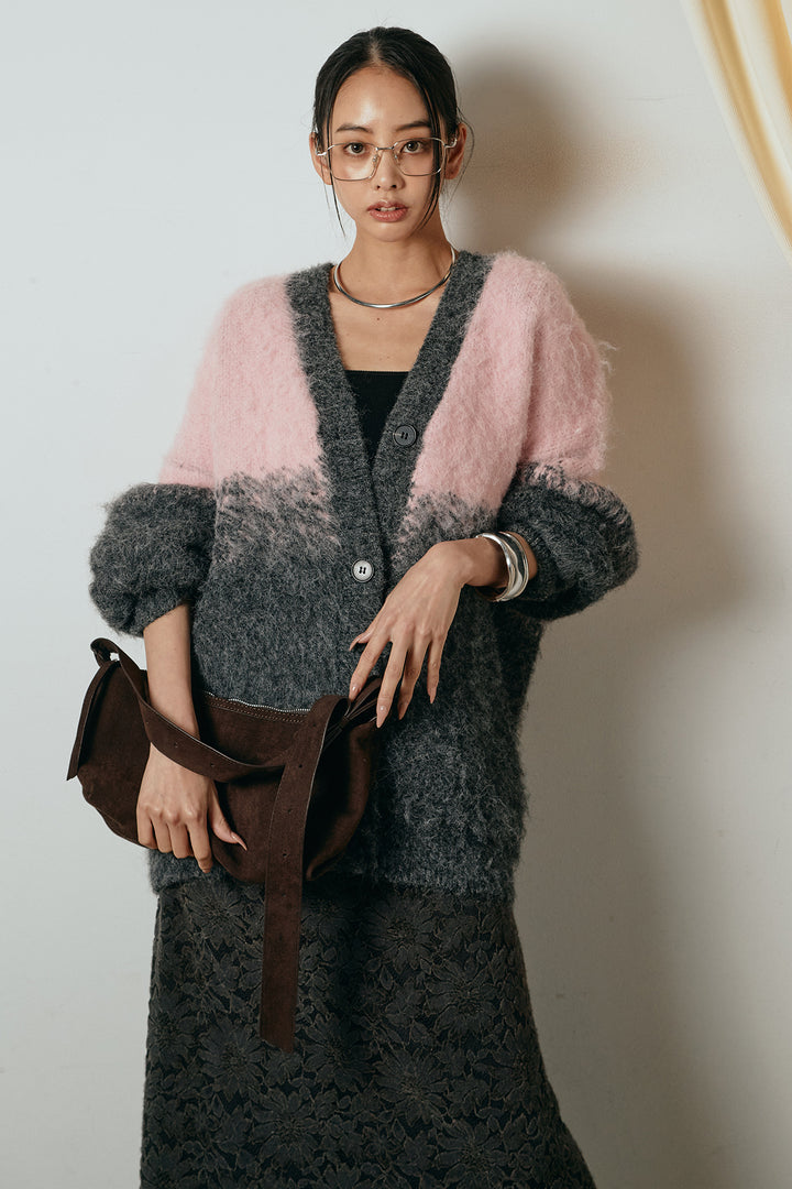 [SET]起毛グラデーションニットカーディガン+花柄刺繍ベロアフレアスカート(2set)