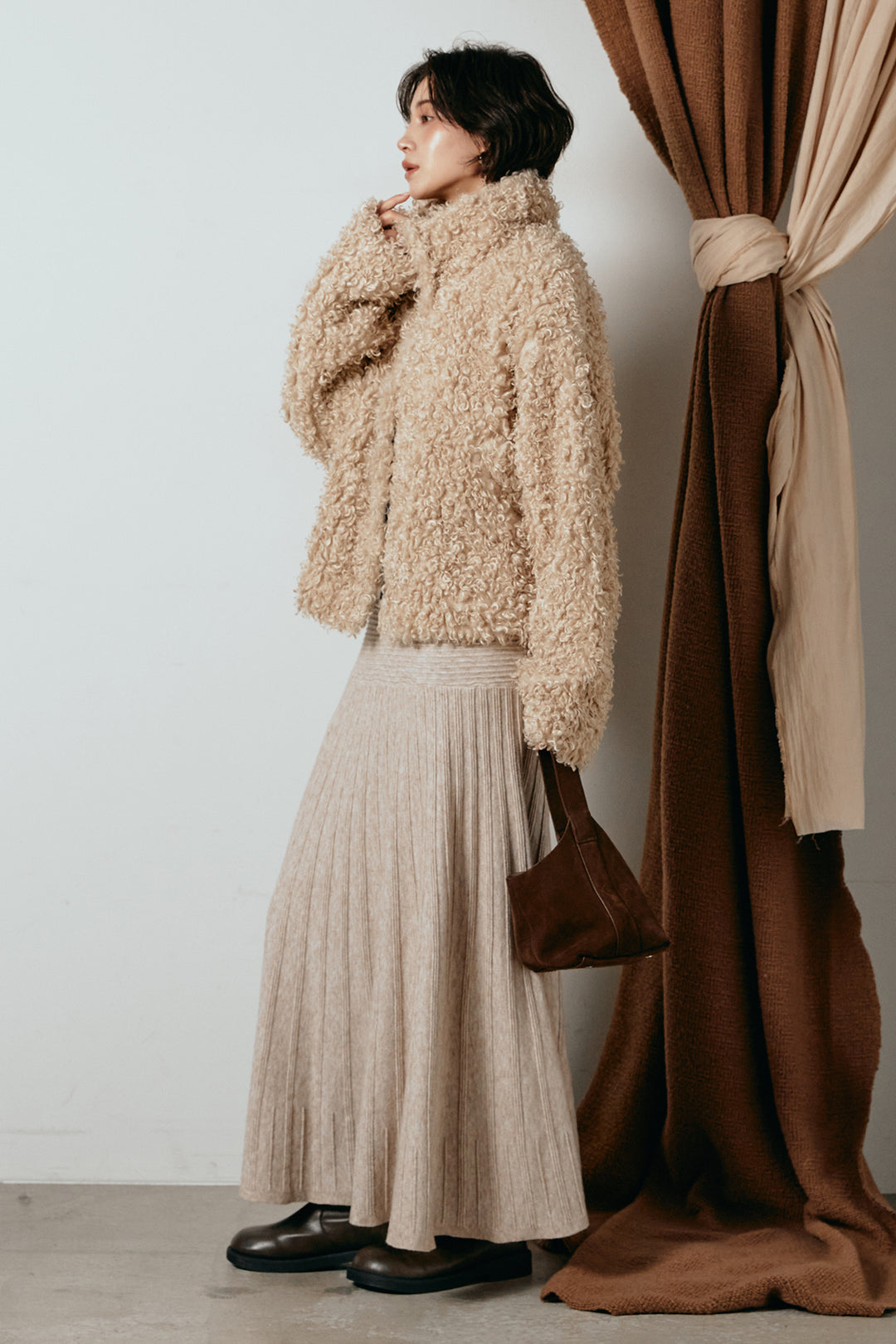 [SET]プードルファーミドルジャケット+編み地切り替えフレアニットスカート(2set)