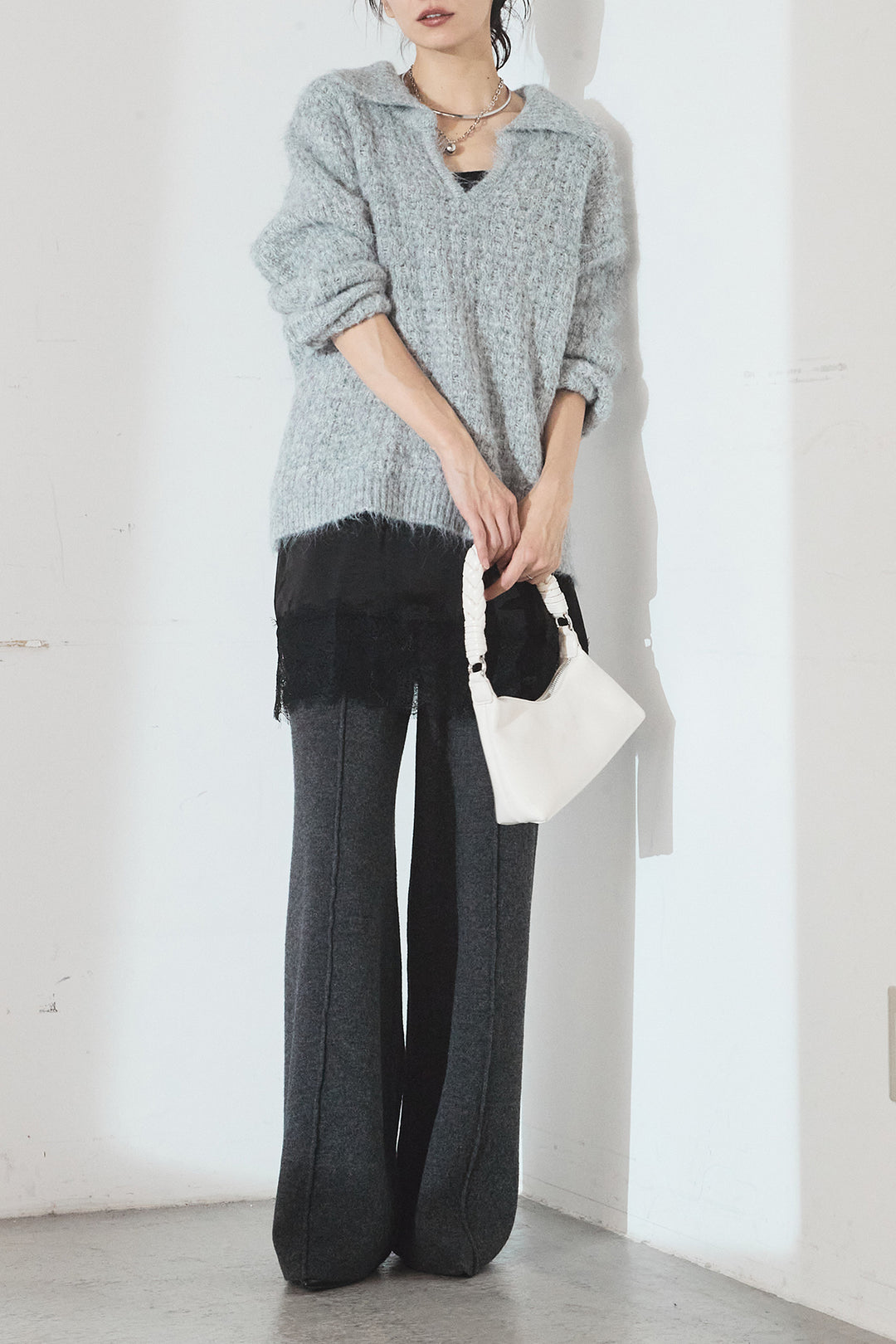 [SET]襟付きVネックニットトップス+センターラインニットパンツ(2set)