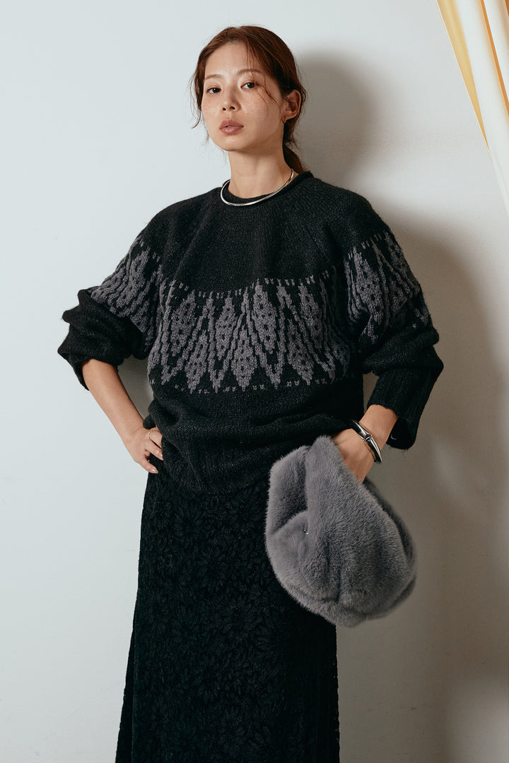 [SET]モノトーン柄ニットトップス+花柄刺繍ベロアフレアスカート(2set)