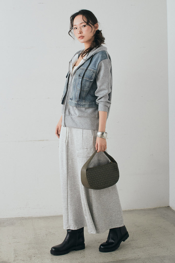 [SET]デニム切替ポンチダブルジップパーカー+リラックススウェットスカート(2set)