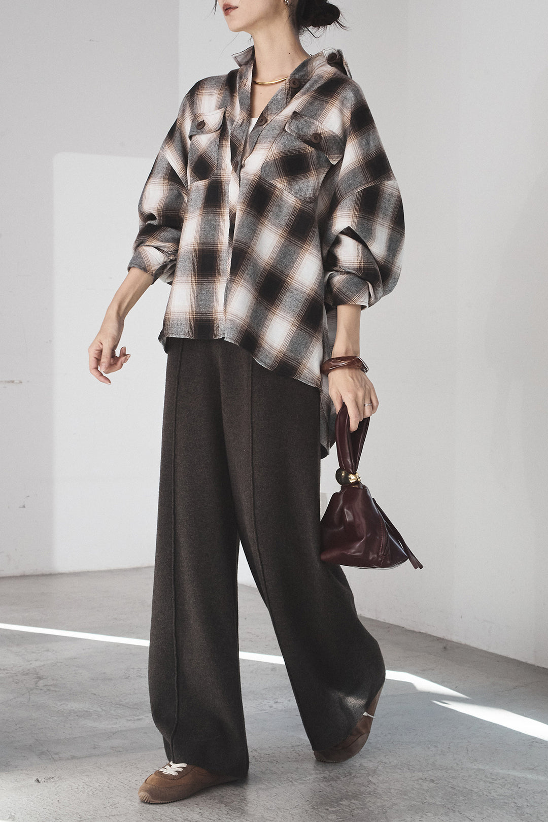 [SET]オンブレーチェックビッグシルエットCPOシャツ+センターラインニットパンツ(2set)