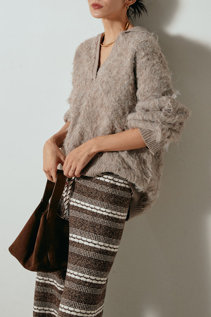 [SET]襟付きシャギーニットポロトップス+マルチライン柄リラックスニットパンツ(2set)