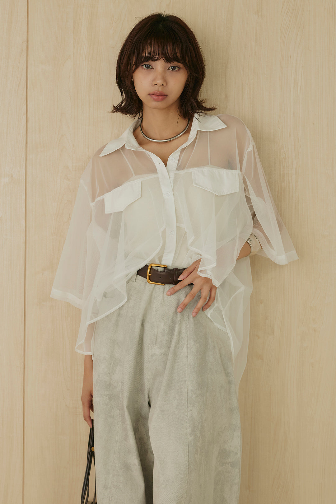 [SET]バックロングシアーシャツ+ニュアンスダイボリュームパンツ(2set)