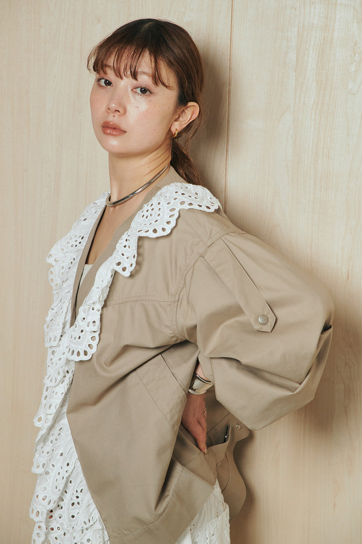 [SET]レースフリルドッキングアウター+レース刺繍リラックスパンツ(2set)