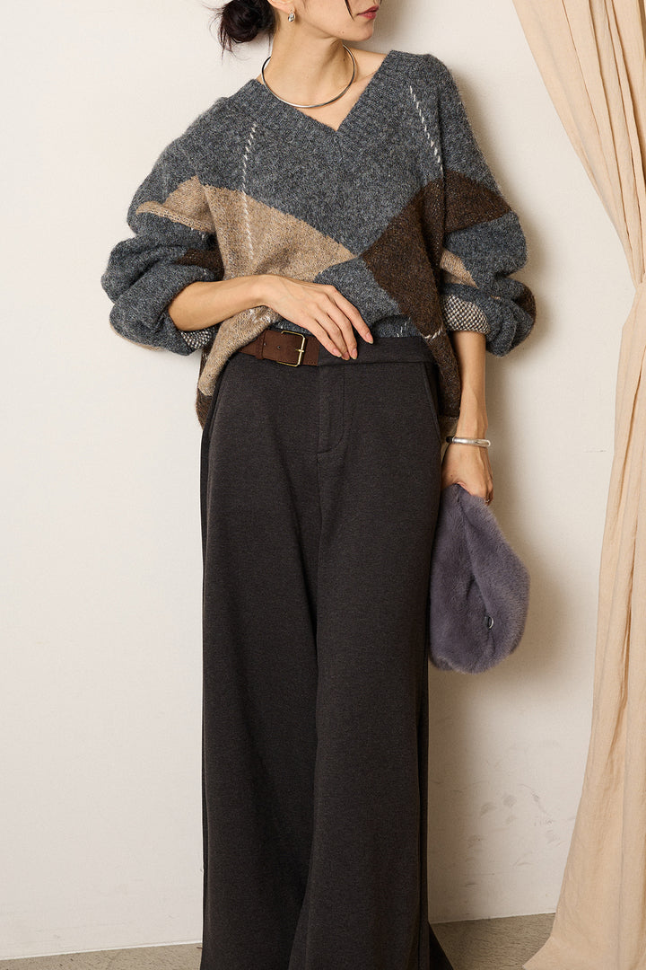 [SET]ルーズアーガイルVネックニット+サイドベルトパンツ(2set)