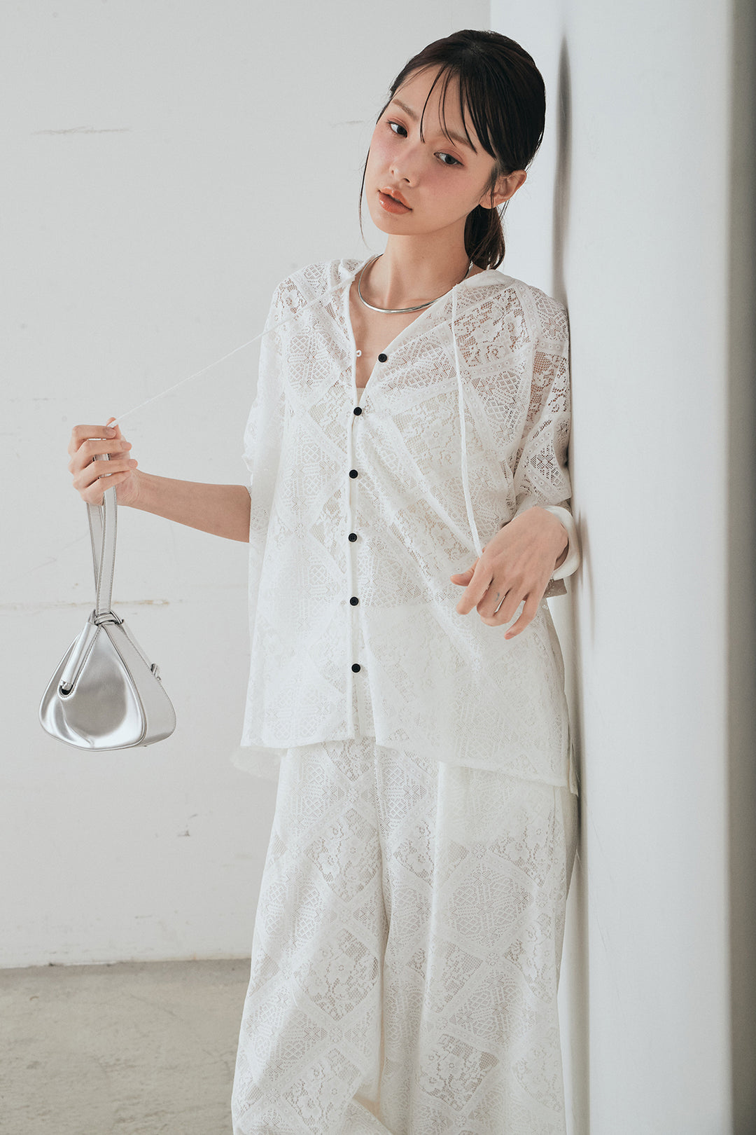 [SET]ブロックレースフード付きブラウス+リラックスブロックレースワイドパンツ(2set)