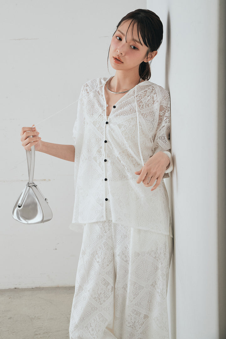 [SET]ブロックレースフード付きブラウス+リラックスブロックレースワイドパンツ(2set)