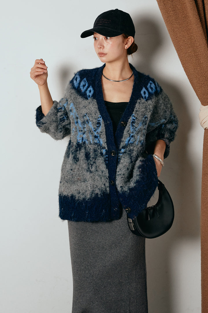 [SET]シャギーニュアンス柄ニットカーディガン+リブナローニットスカート(2set)