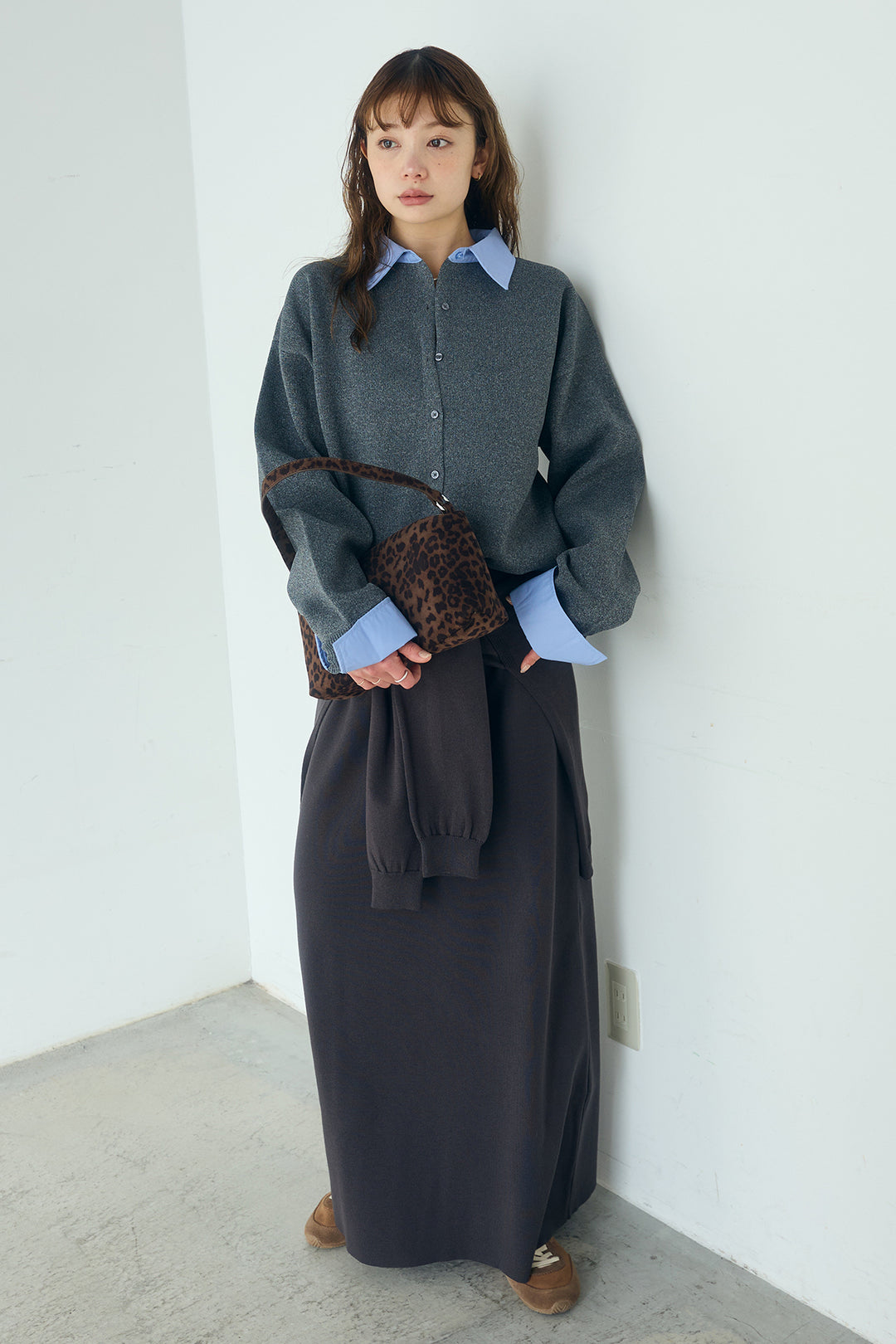 [SET]シャツレイヤード風カーディガン+レイヤードニット巻きスカート(2set)