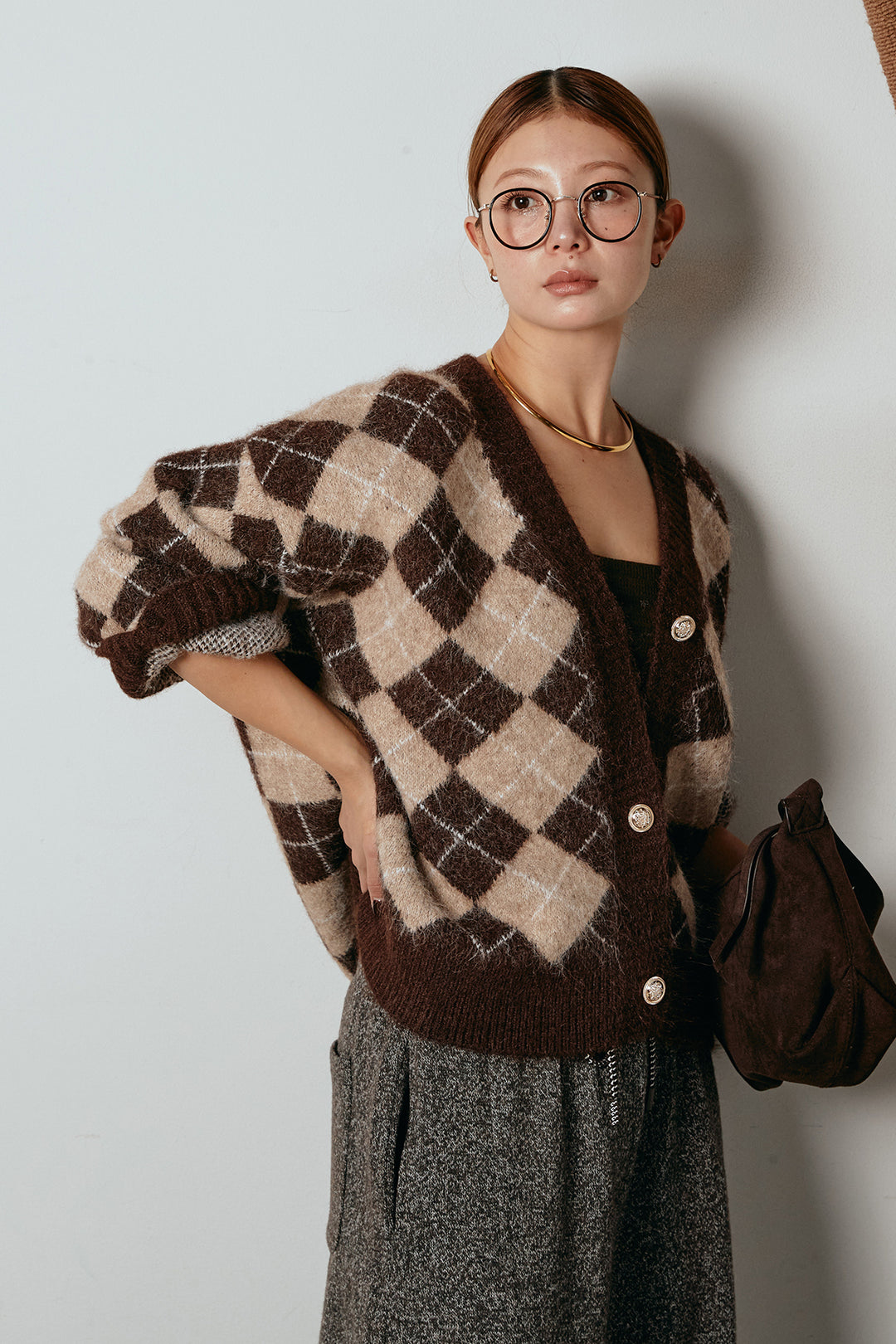 [SET]オーバーサイズ総柄Vネックニットカーディガン+杢ニットフレアパンツ(2set)