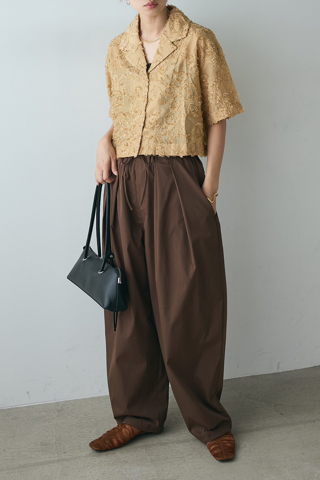[SET]半袖オープンカラージャガード柄シャツ+タックワイドリラックスパンツ(2set)