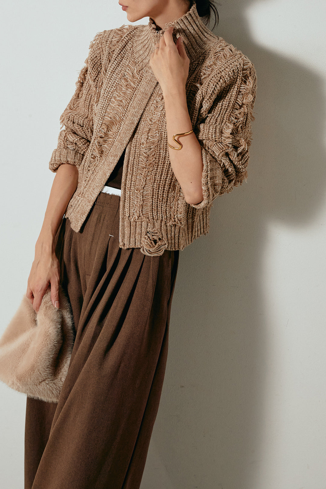 [SET]ハイネックフリンジジップニットトップス+ウエストステッチデザインワイドスラックス(2set)