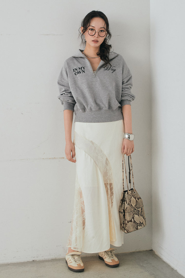 [SET]裏毛ロゴ刺繍ハーフZIPスウェット+刺繍レースデザインサテンスカート(2set)